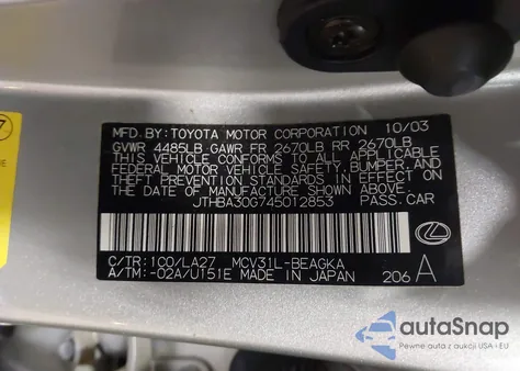 2004 Lexus Es 330 from USA, damaged, VIN JTHBA30G745012853